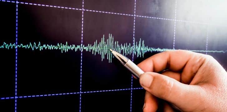 A line graph to show seismic activity. The line shows a gradual buildup of seismic activity which then tapers off back to normal.