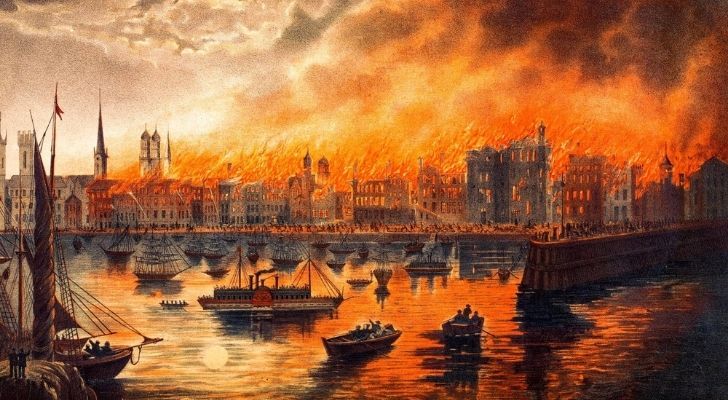 An artist impression of the Great Chicago Fire with many buildings on fire