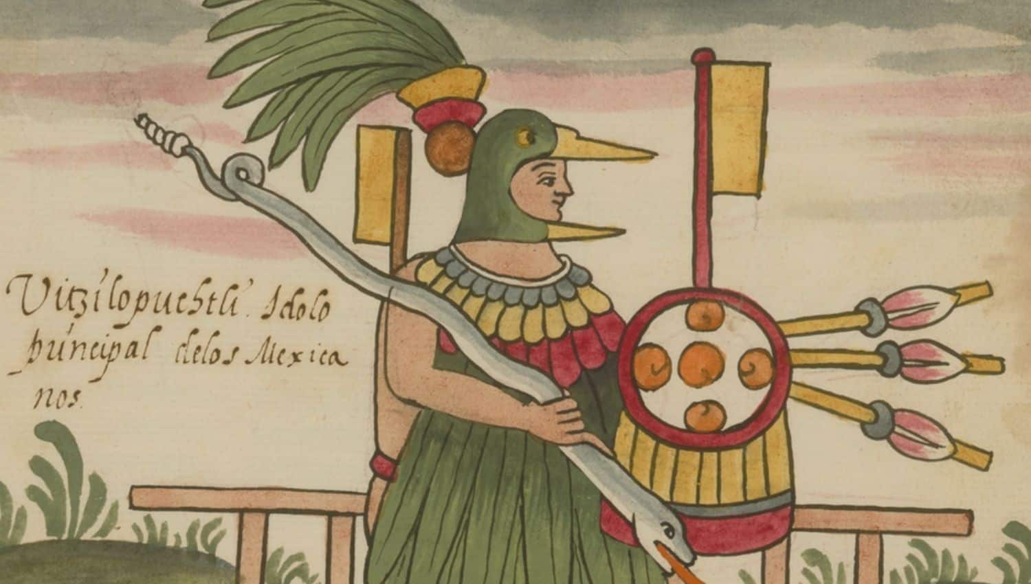 An Aztec warrior wearing a costume of Huitzilopochtli, the Aztec hummingbird god