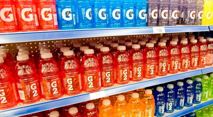 Many colourful bottles of Gatorade