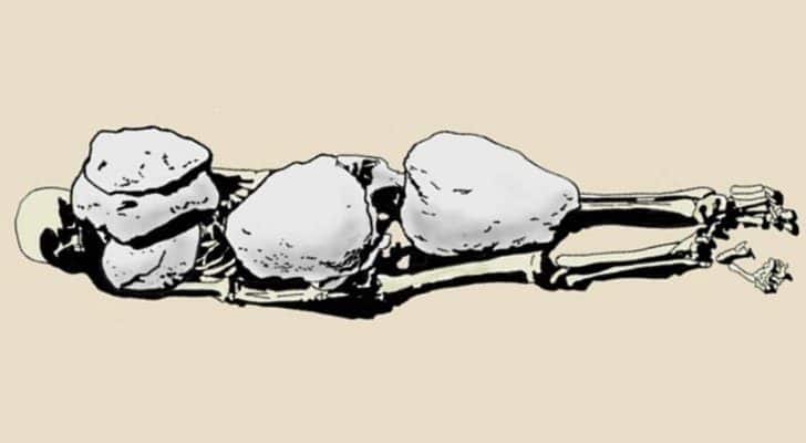 An Ancient Greek skeleton weighed down by heavy rocks