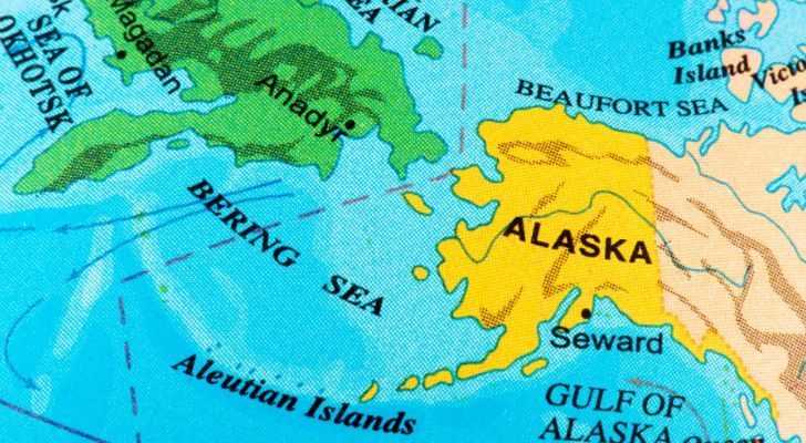 A map showing Alaska, the Bering Sea, and Kamchatka, Russia