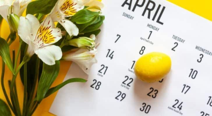 A bouquet of flowers next a calendar with a painted egg on it