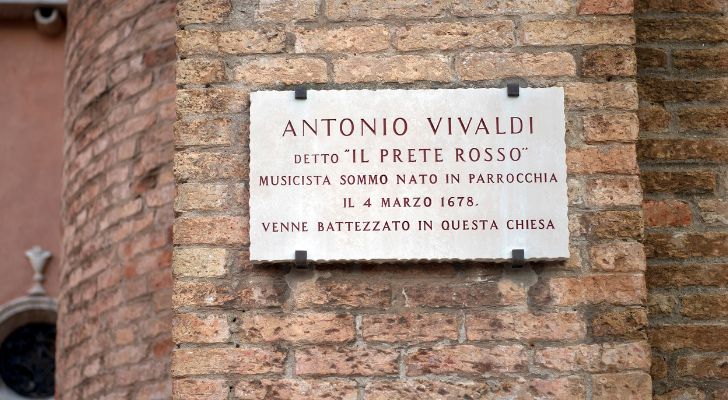 A plaque on a wall commemorating the Italian composer Antonio Vivaldi