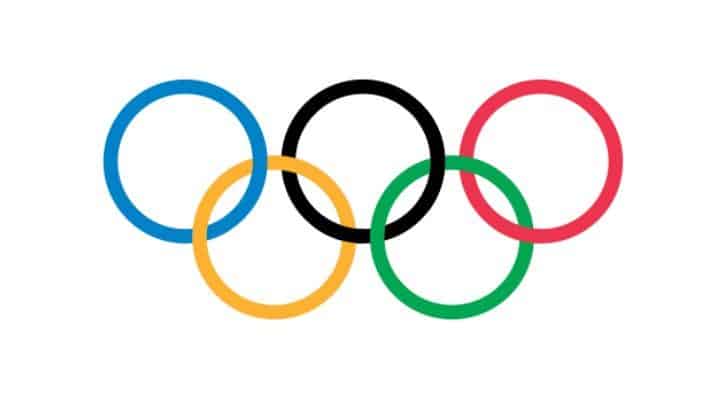 The logo for the Olympic games featuring five interlocked rings of blue, yellow, black, green and red