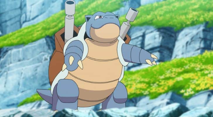 A Blastoise standing on a hill in the Pokémon animated TV series