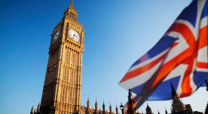 The British Union Jack flag waving in front of Big Ben