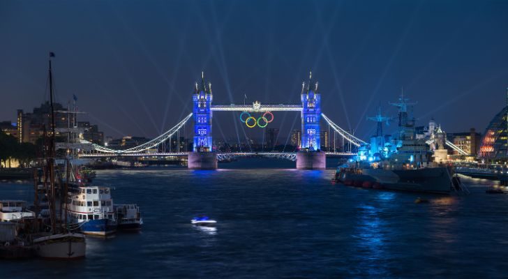 The Olympic rings hanging from Tower Bridge during the 2012 Olympics