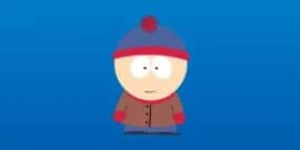 Stan Marsh from South Park wearing his iconic blue and red beanie, brown jacket, red mittens, and blue pants against a blue background.