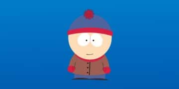 Stan Marsh from South Park wearing his iconic blue and red beanie, brown jacket, red mittens, and blue pants against a blue background.