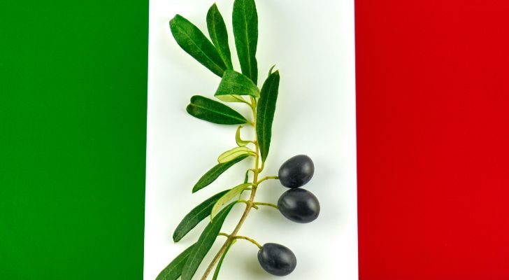 The flag of Italy with an olive branch laid across the center