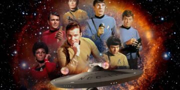 The original Star Trek cast members, including Captain Kirk, Spock, and Uhura, with the USS Enterprise in space