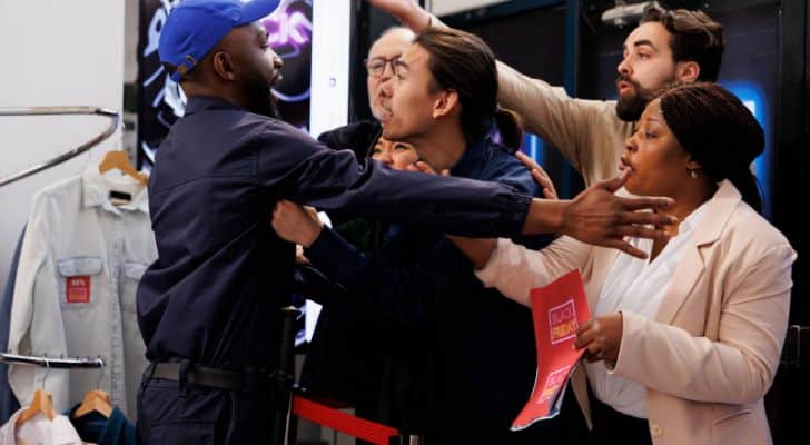 A security guard struggling to control shoppers during a Black Friday sale