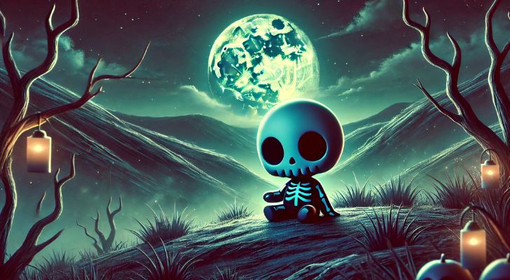 A baby skeleton sitting in the world of The Nightmare Before Christmas in front of a large full moon