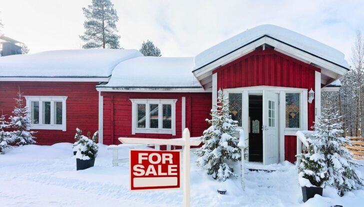 A snow-covered red house with a 'For Sale' sign in the front yard surrounded by winter scenery