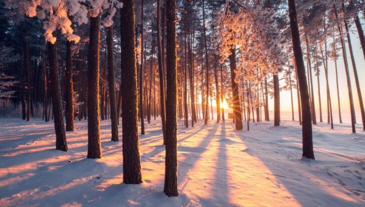 Sunset illuminating a snowy forest with long shadows from tall trees