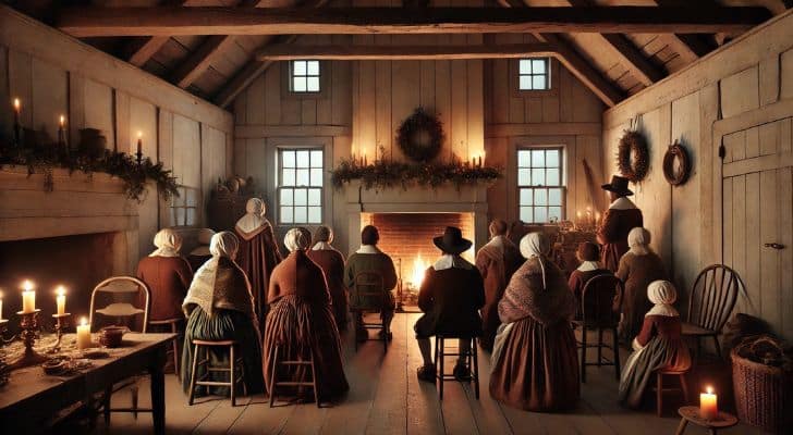 A depiction of a Christmas gathering in 1630's America