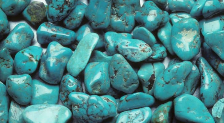 A collection of turquoise gemstones shining in the light