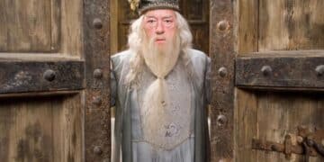 Professor Albus Dumbledore standing in front of wooden doors wearing a hat and robes