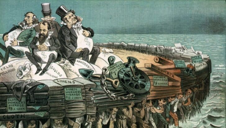 Caricature of American industrialists seated on large bags of money labeled with names Gould, Vanderbilt, and Field, overseeing workers burdened under goods like cloth, linens, and lumber, each with worker wage labels