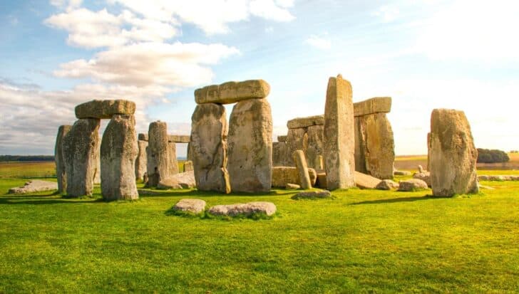 View of the Stonehenge monument, showcasing the arrangement of large standing stones