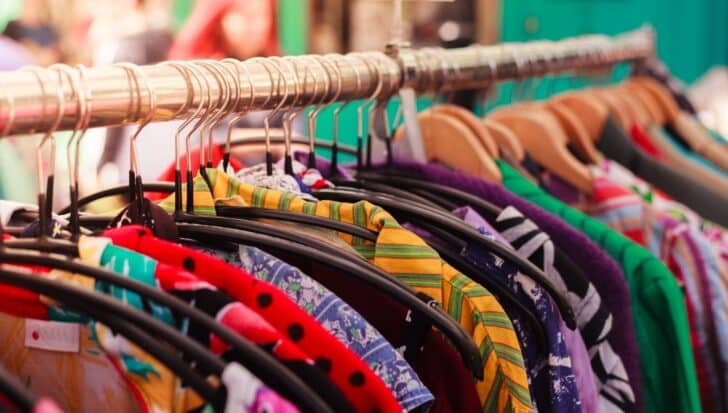 A rack of multicolored clothes on hangers in a shop setting