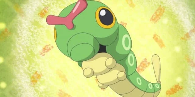 Caterpie, a green caterpillar-like Pokémon with large yellow eyes and circular markings, is shown in a dynamic pose against a light green and orange textured background.