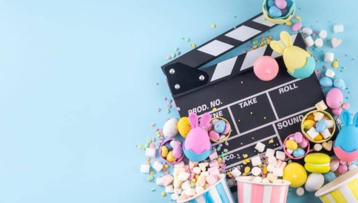 Film clapperboard surrounded by colorful Easter eggs, candies, and marshmallows on a light blue background