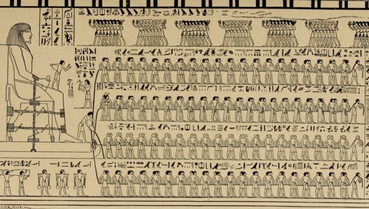Ancient Egyptian workers depicted in a hieroglyphic scene transporting a large seated statue using ropes and sledges