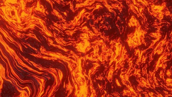 Molten magma with bright orange and dark swirling patterns