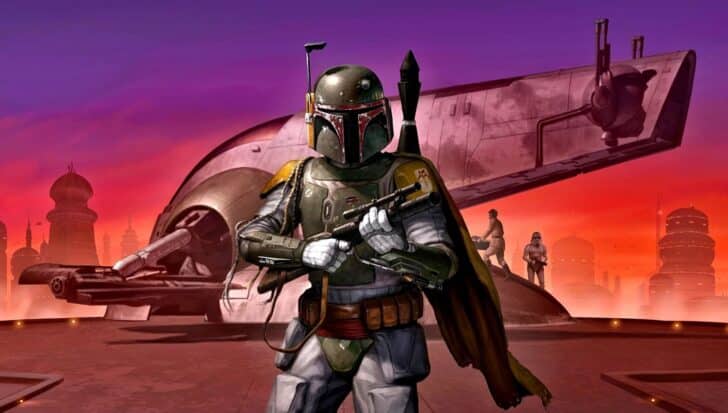 Boba Fett in his armor stands with a blaster in a futuristic city, with his ship in the background and two figures nearby, against a vibrant sunset sky