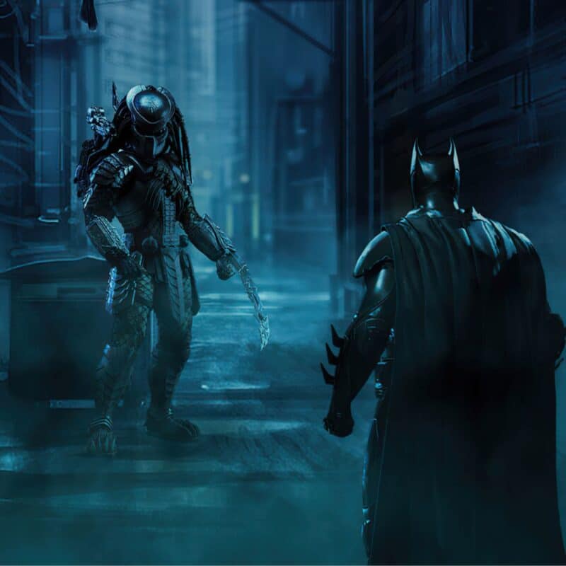 Batman confronts Predator in a misty urban alley