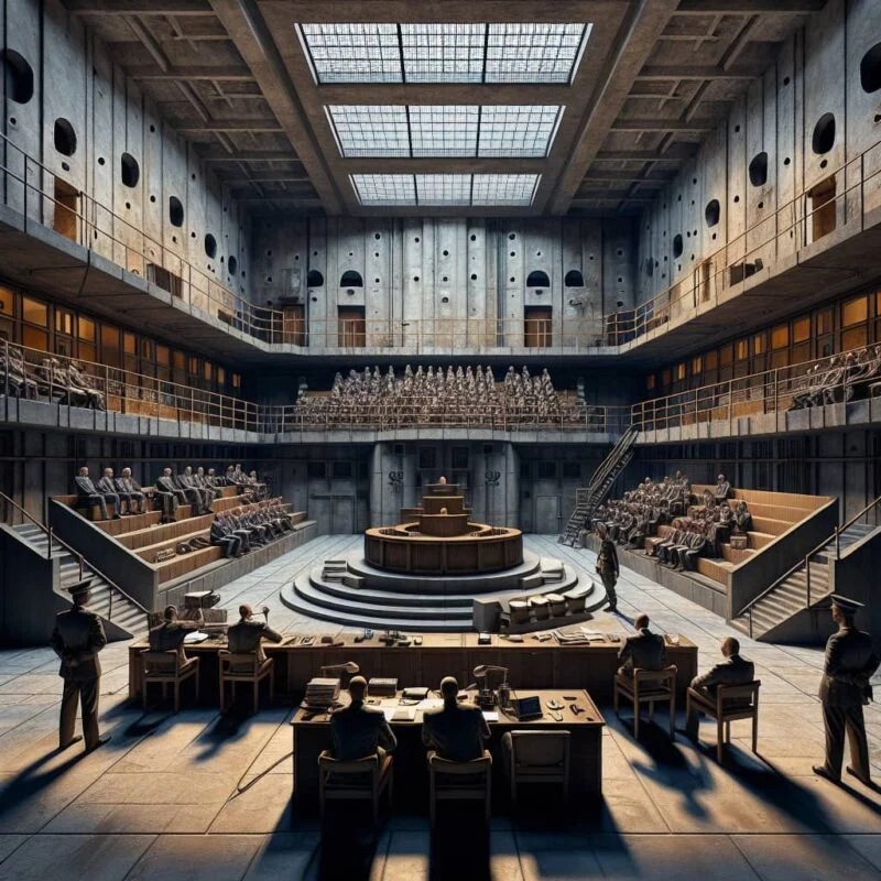 Interior view of a bunker-like courthouse in Italy, with multiple levels of seating and numerous individuals