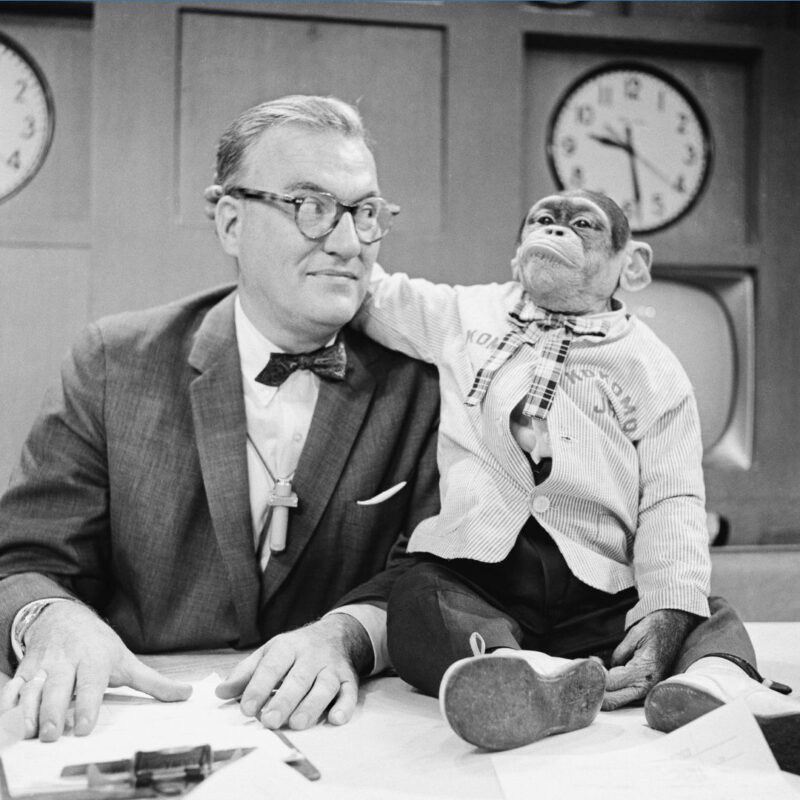 NBC’s Today Show co-host J. Fred Muggs, a chimpanzee, wearing a plaid tie and shirt