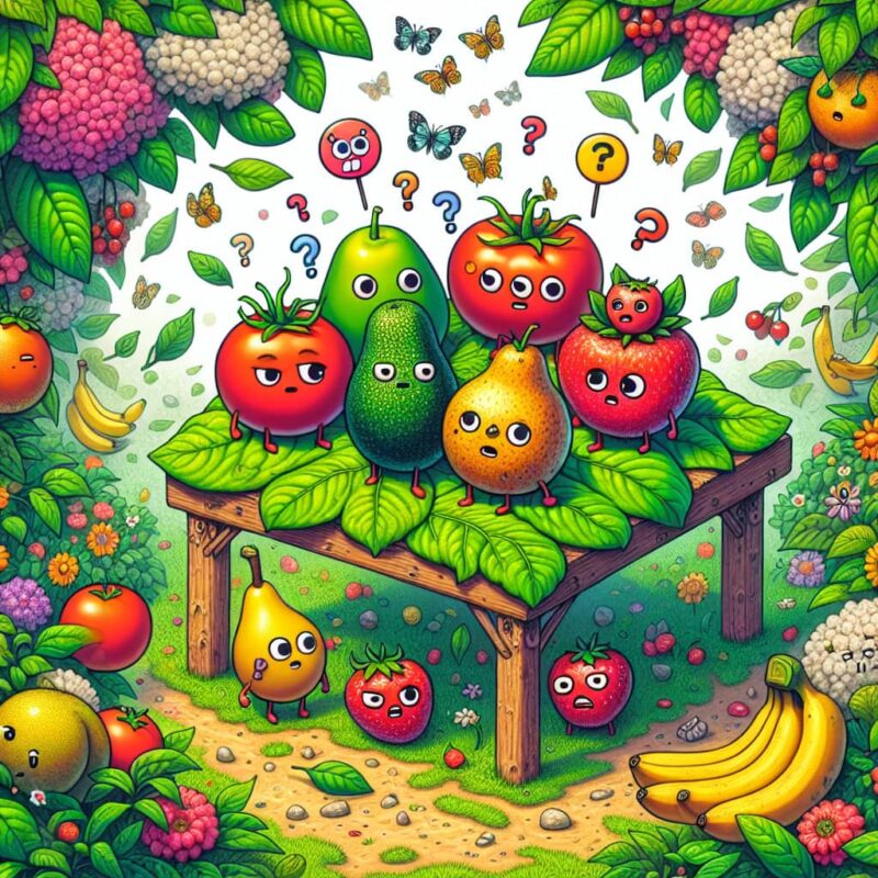 Cartoon fruits with expressive faces arranged on a table in a colorful garden setting