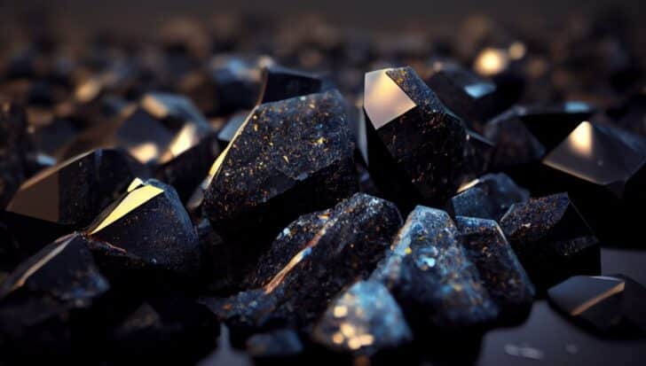 Close-up of dark, shiny gemstones with cut surfaces, related to volcanic activity