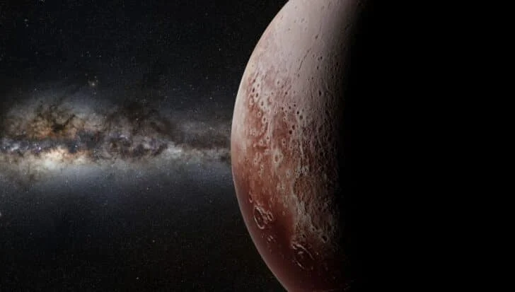 Pluto with its cratered surface, set against a backdrop of a starry galaxy
