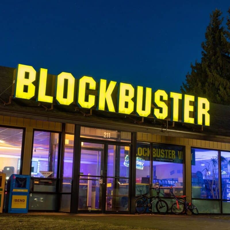 A Blockbuster store with its iconic bright yellow sign