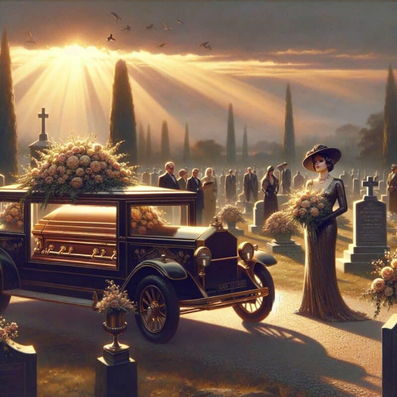 Vintage hearses and mourners in a cemetery during a funeral