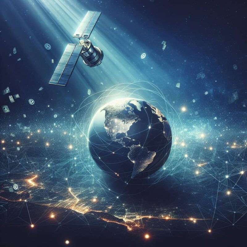 A satellite orbiting above Earth, with digital connections and dollar symbols highlighting financial aspects of GPS funding