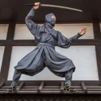 Person dressed in traditional ninja attire holding a sword and posing dramatically on a wooden structure