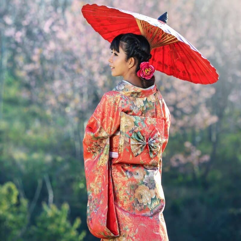 A woman wearing a beautifully embroidered kimono with intricate patterns, holding an umbrella