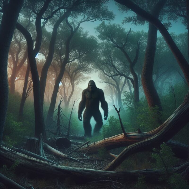Bigfoot walking through a dense, misty forest with tall trees and fallen branches