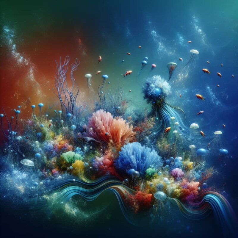 Vibrant underwater scene with colorful coral formations, jellyfish, and fish swimming in various directions