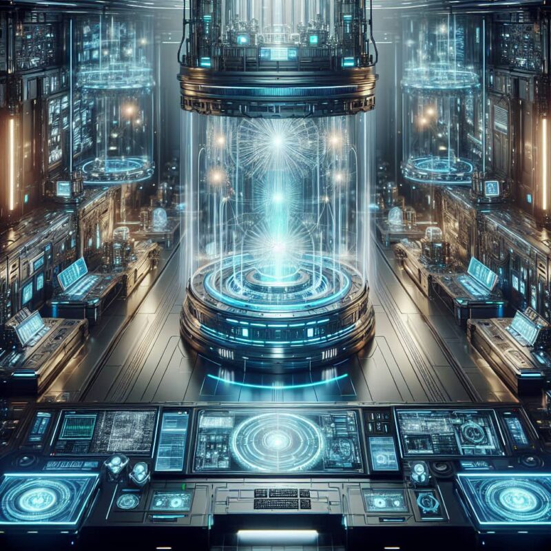 High-tech laboratory with advanced containment chamber and control panels, showcasing the complexity of antimatter research
