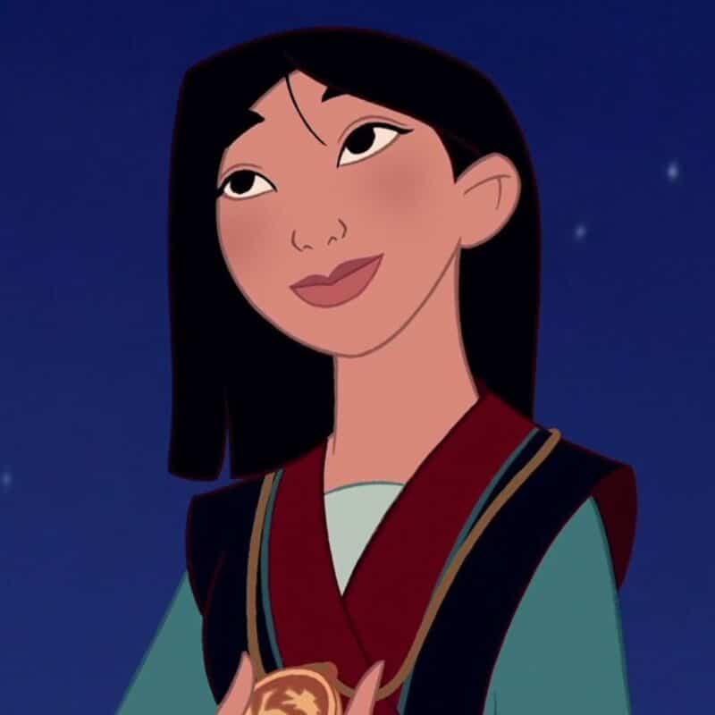 Mulan smiling against a dark blue sky, wearing a traditional outfit with long black hair