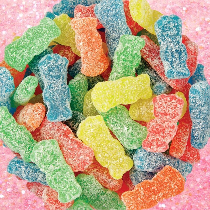 Colorful Sour Patch Kids candies covered in sugar