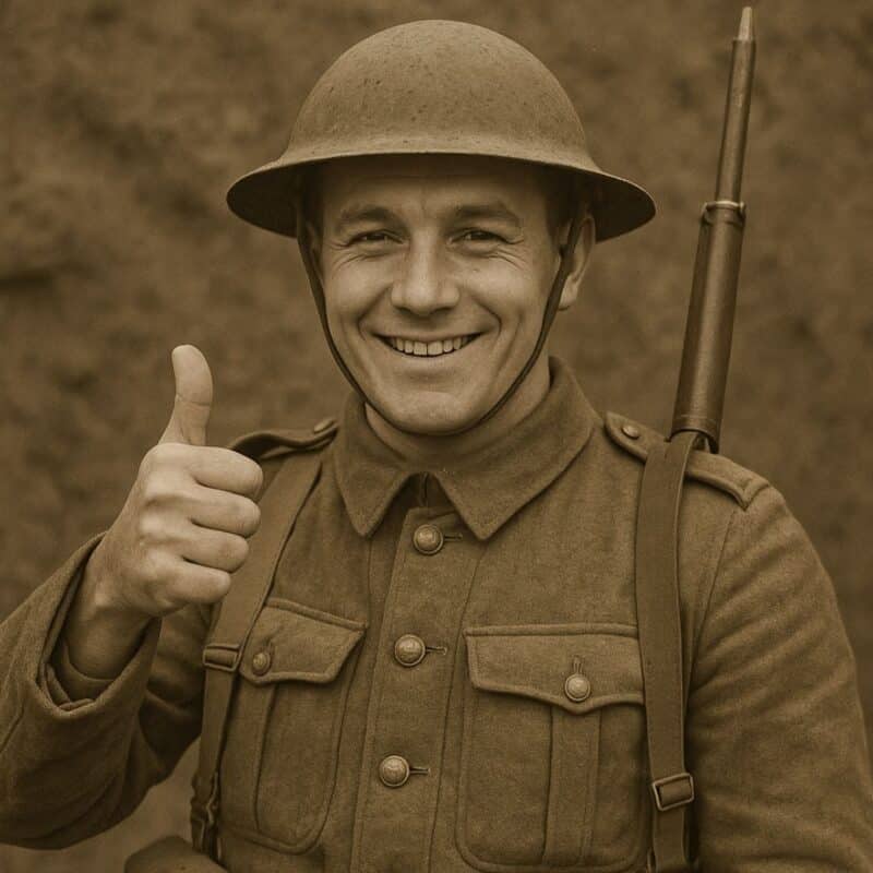 A soldier wearing a helmet and uniform gives a thumbs-up gesture