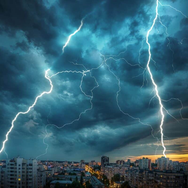 Thunderstorm with lightning bolts illuminating dark, cloudy skies over a cityscape at dusk