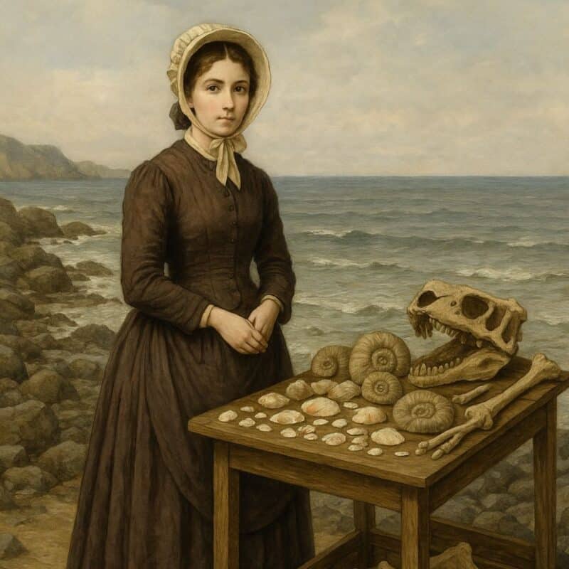 Victorian woman standing by the seaside, wearing a bonnet and dress, next to a wooden table displaying fossils, shells, and a dinosaur skull